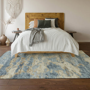 HomeRoots 5' X 8' Abstract Area Rug in Blue, Silver & Gold - Washable, UV-Protected, Stain-Resistant Design 643769