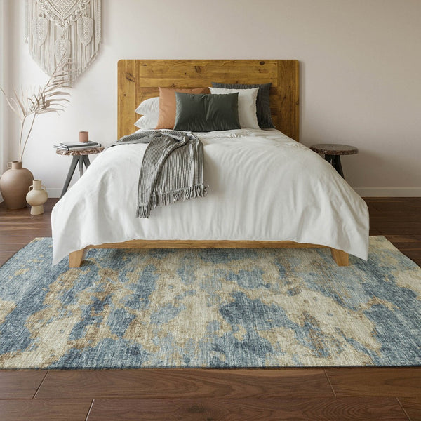 HomeRoots 5' X 8' Abstract Area Rug in Blue, Silver & Gold - Washable, UV-Protected, Stain-Resistant Design 643769