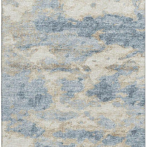 HomeRoots 5' X 8' Abstract Area Rug in Blue, Silver & Gold - Washable, UV-Protected, Stain-Resistant Design 643769
