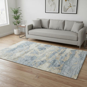 HomeRoots 5' X 8' Abstract Area Rug in Blue, Silver & Gold - Washable, UV-Protected, Stain-Resistant Design 643769