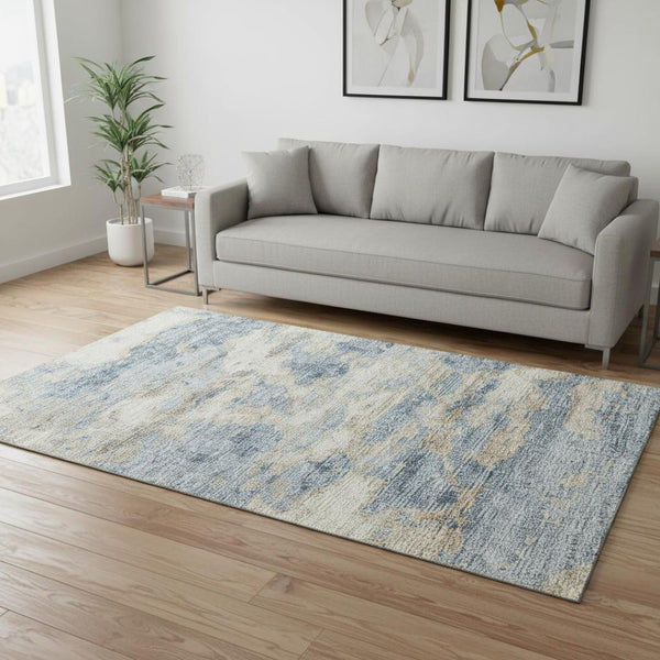 HomeRoots 5' X 8' Abstract Area Rug in Blue, Silver & Gold - Washable, UV-Protected, Stain-Resistant Design 643769