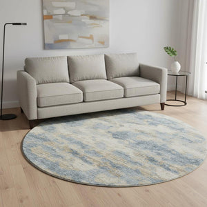 HomeRoots 8' Modern Abstract Blue, Silver & Gold Washable Round Rug with UV Protection for Active Homes 643770