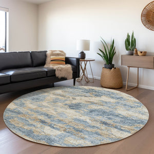 HomeRoots 8' Modern Abstract Blue, Silver & Gold Washable Round Rug with UV Protection for Active Homes 643770