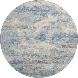 HomeRoots 8' Modern Abstract Blue, Silver & Gold Washable Round Rug with UV Protection for Active Homes 643770