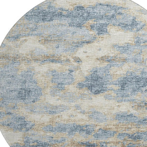 HomeRoots 8' Modern Abstract Blue, Silver & Gold Washable Round Rug with UV Protection for Active Homes 643770
