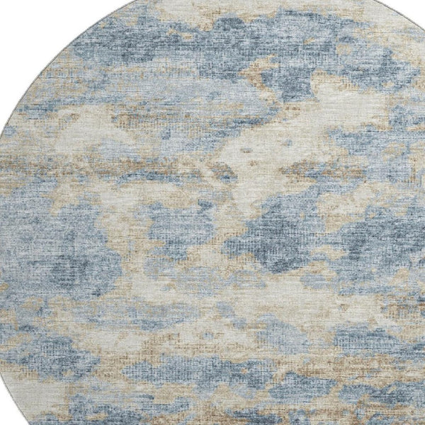 HomeRoots 8' Modern Abstract Blue, Silver & Gold Washable Round Rug with UV Protection for Active Homes 643770