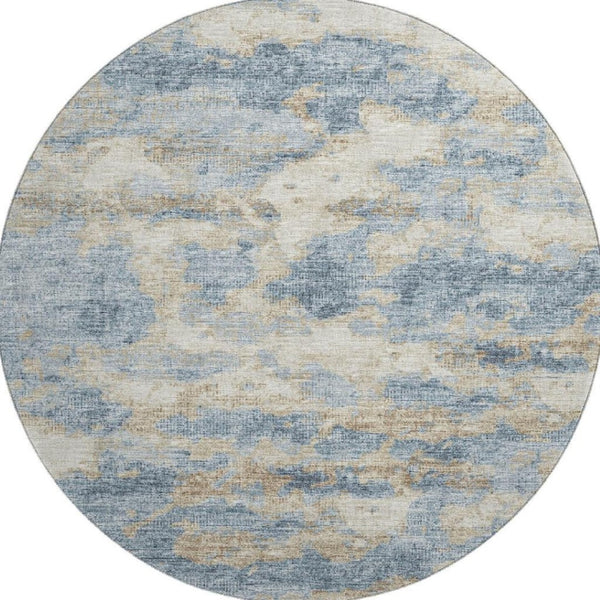 HomeRoots 8' Modern Abstract Blue, Silver & Gold Washable Round Rug with UV Protection for Active Homes 643770