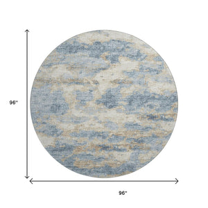 HomeRoots 8' Modern Abstract Blue, Silver & Gold Washable Round Rug with UV Protection for Active Homes 643770