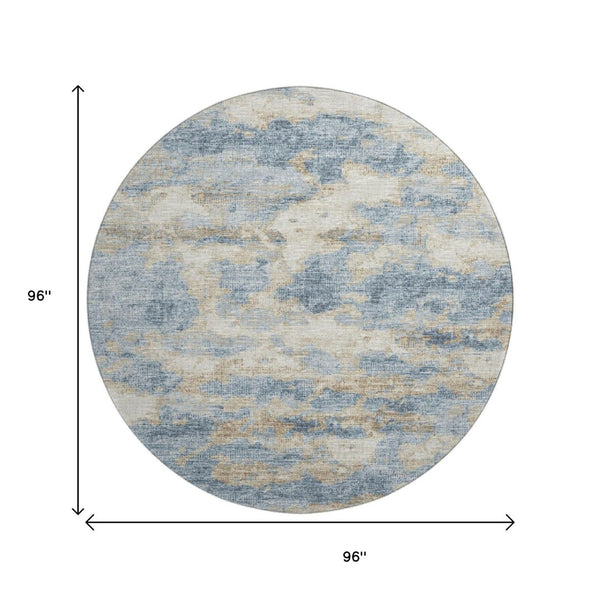HomeRoots 8' Modern Abstract Blue, Silver & Gold Washable Round Rug with UV Protection for Active Homes 643770