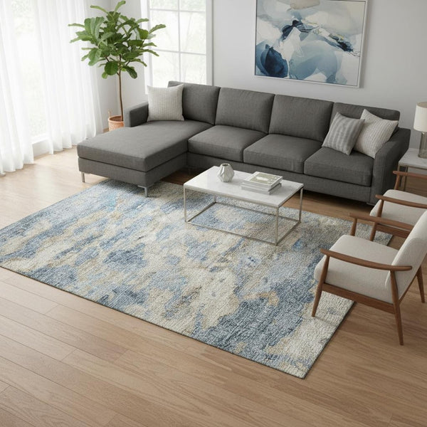 HomeRoots 8' X 10' Abstract Area Rug in Blue, Silver & Gold - Washable, Durable, UV Protected for Family Homes 643771