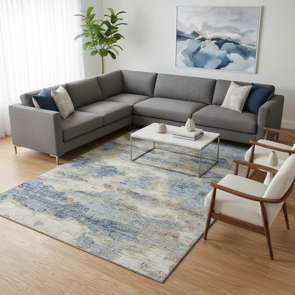 HomeRoots 9' X 12' Modern Blue Silver Gold Abstract Area Rug - Washable, UV Protected, Stylish & Durable Design 643772