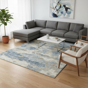 HomeRoots 10' X 14' Stylish Blue Silver Gold Abstract Washable Area Rug with UV Protection for High Traffic Homes 643773