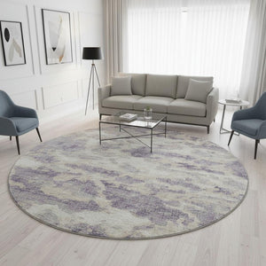 HomeRoots 8' Purple And Ivory Abstract Round Rug – Stylish, Washable, UV Protected for Homes with Kids & Pets 643776