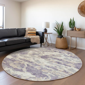 HomeRoots 8' Purple And Ivory Abstract Round Rug – Stylish, Washable, UV Protected for Homes with Kids & Pets 643776