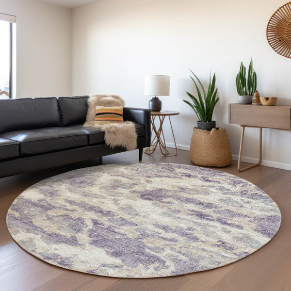 HomeRoots 8' Purple And Ivory Abstract Round Rug – Stylish, Washable, UV Protected for Homes with Kids & Pets 643776