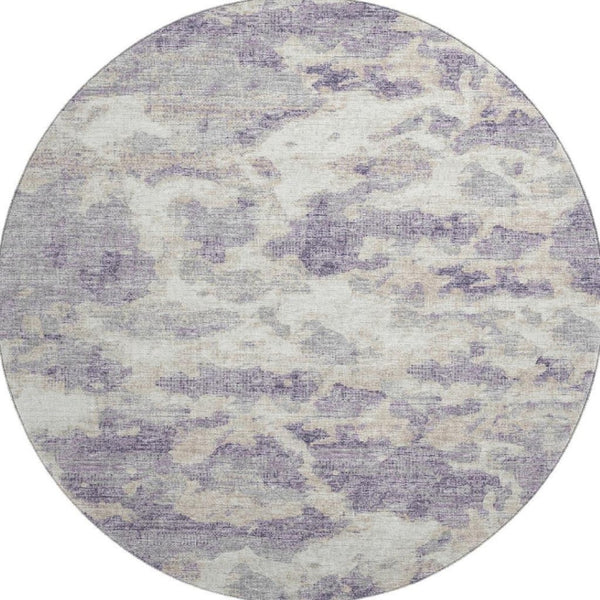 HomeRoots 8' Purple And Ivory Abstract Round Rug – Stylish, Washable, UV Protected for Homes with Kids & Pets 643776