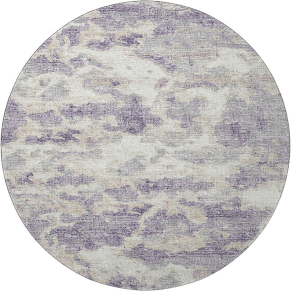 HomeRoots 8' Purple And Ivory Abstract Round Rug – Stylish, Washable, UV Protected for Homes with Kids & Pets 643776
