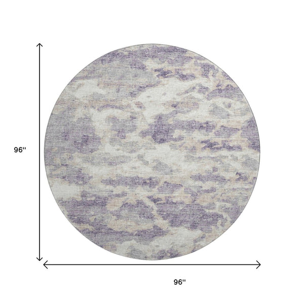 HomeRoots 8' Purple And Ivory Abstract Round Rug – Stylish, Washable, UV Protected for Homes with Kids & Pets 643776