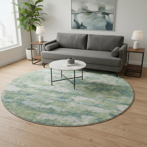 HomeRoots 8' Green and Ivory Abstract Washable Round Rug - Durable, UV Protected, Perfect for Family Spaces 643782