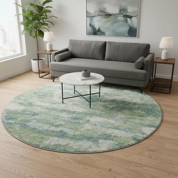 HomeRoots 8' Green and Ivory Abstract Washable Round Rug - Durable, UV Protected, Perfect for Family Spaces 643782