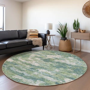 HomeRoots 8' Green and Ivory Abstract Washable Round Rug - Durable, UV Protected, Perfect for Family Spaces 643782