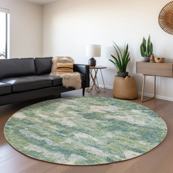 HomeRoots 8' Green and Ivory Abstract Washable Round Rug - Durable, UV Protected, Perfect for Family Spaces 643782