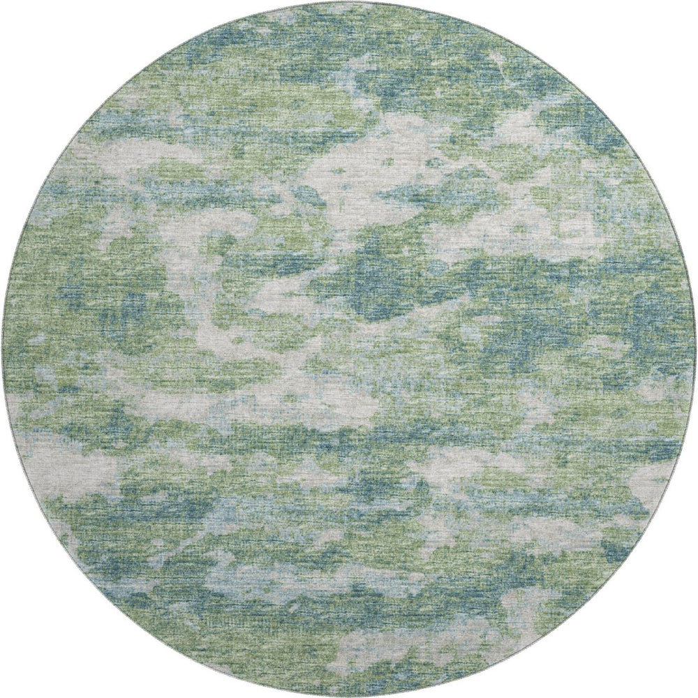 HomeRoots 8' Green and Ivory Abstract Washable Round Rug - Durable, UV Protected, Perfect for Family Spaces 643782
