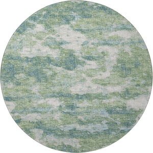 HomeRoots 8' Green and Ivory Abstract Washable Round Rug - Durable, UV Protected, Perfect for Family Spaces 643782