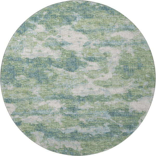 HomeRoots 8' Green and Ivory Abstract Washable Round Rug - Durable, UV Protected, Perfect for Family Spaces 643782