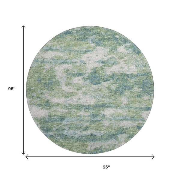 HomeRoots 8' Green and Ivory Abstract Washable Round Rug - Durable, UV Protected, Perfect for Family Spaces 643782