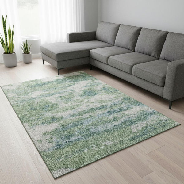 HomeRoots 9' X 12' Stylish Green and Ivory Abstract Washable Area Rug with UV Protection for High Traffic Areas 643784