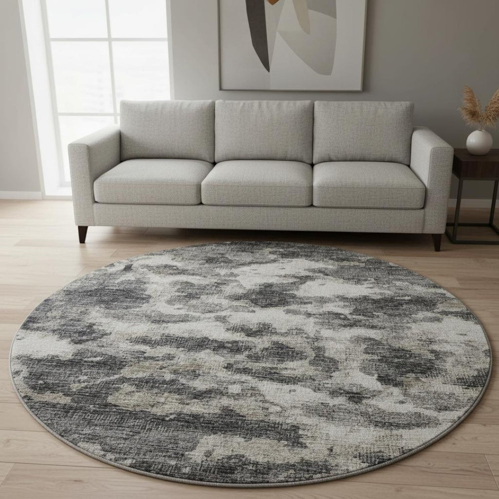 HomeRoots 8' Black And Ivory Abstract Round Rug – Stylish, Washable, UV-Protected, Perfect for High-Traffic Areas! 643788