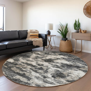 HomeRoots 8' Black And Ivory Abstract Round Rug – Stylish, Washable, UV-Protected, Perfect for High-Traffic Areas! 643788
