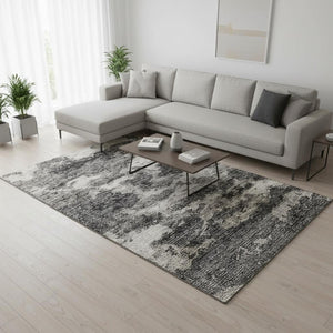 HomeRoots 9' X 12' Black And Ivory Abstract Area Rug - Stylish, Washable, UV-Protected for High-Traffic Spaces 643790