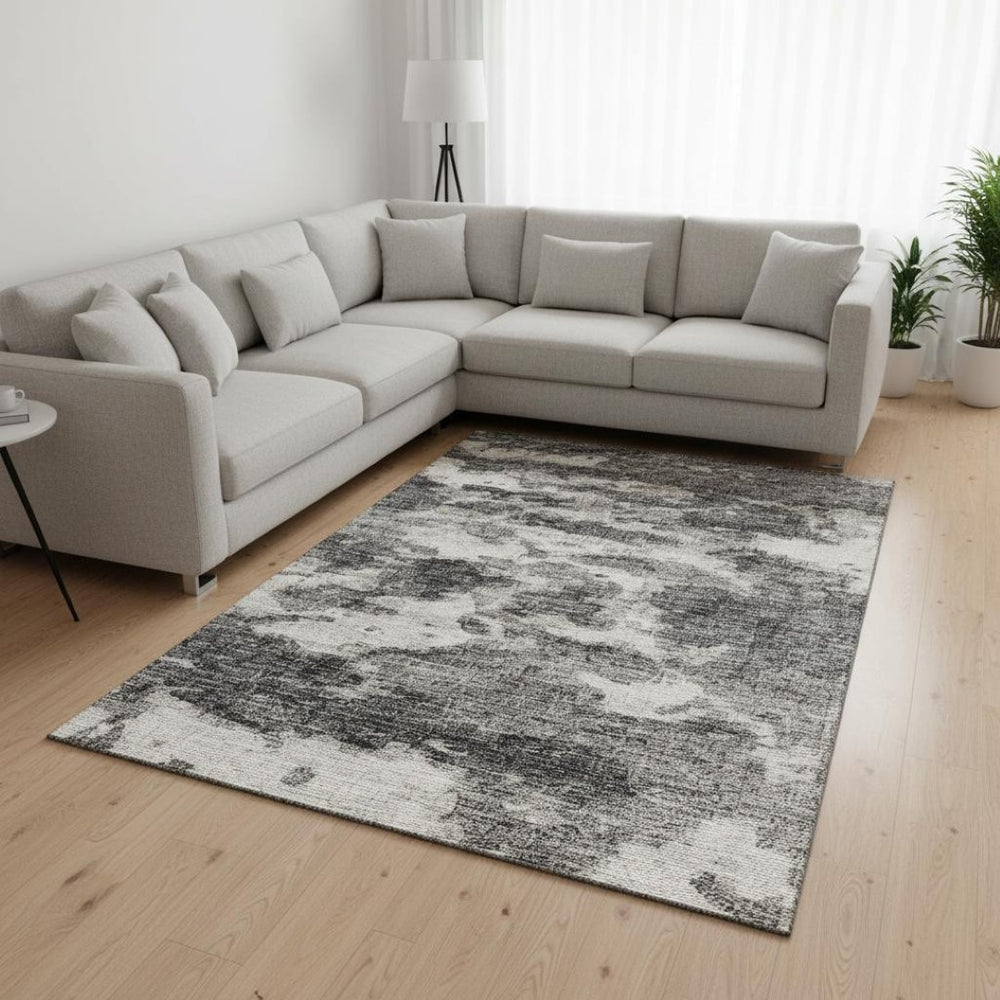 HomeRoots 10' X 14' Black and Ivory Abstract Washable Area Rug – Durable, UV-Protected, Modern Design for Family Homes 643791