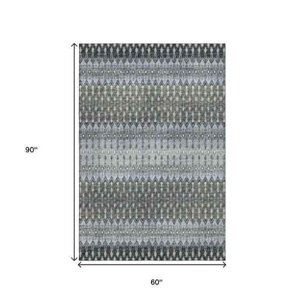 HomeRoots 5' X 8' Tribal Area Rug in Midnight & Gray - Machine Washable, UV Protected, Stylish & Durable! 643793