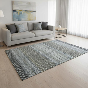 HomeRoots 5' X 8' Tribal Area Rug in Midnight & Gray - Machine Washable, UV Protected, Stylish & Durable! 643793