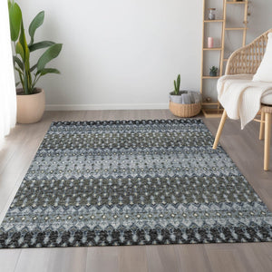 HomeRoots 5' X 8' Tribal Area Rug in Midnight & Gray - Machine Washable, UV Protected, Stylish & Durable! 643793