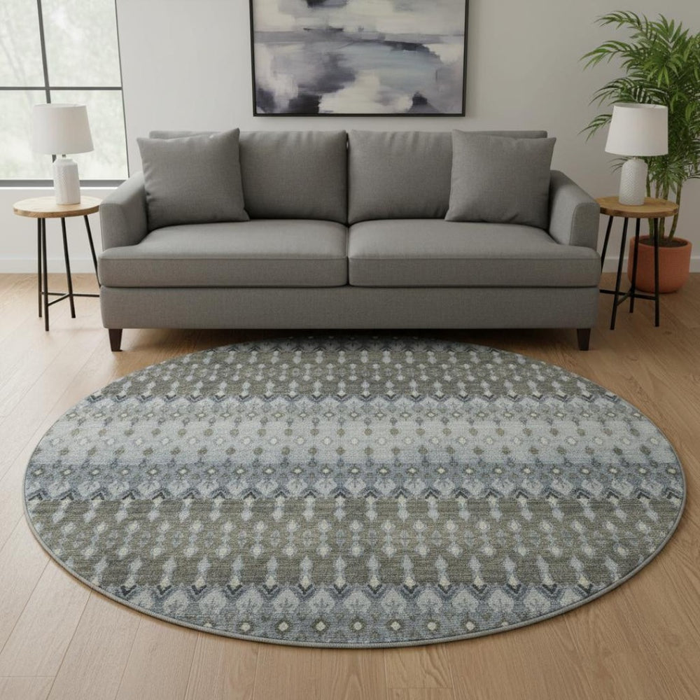 HomeRoots 8' Midnight and Gray Tribal Round Rug - Durable, Washable, UV-Protected for Modern Living Spaces 643794