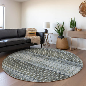 HomeRoots 8' Midnight and Gray Tribal Round Rug - Durable, Washable, UV-Protected for Modern Living Spaces 643794
