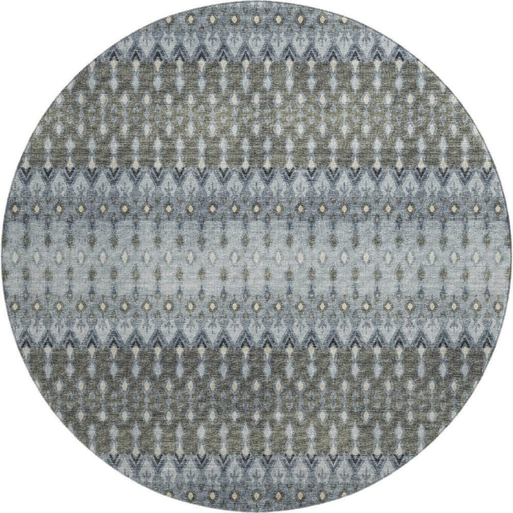 HomeRoots 8' Midnight and Gray Tribal Round Rug - Durable, Washable, UV-Protected for Modern Living Spaces 643794