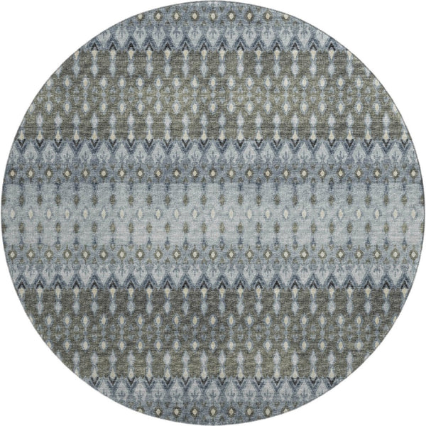 HomeRoots 8' Midnight and Gray Tribal Round Rug - Durable, Washable, UV-Protected for Modern Living Spaces 643794