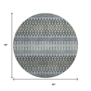 HomeRoots 8' Midnight and Gray Tribal Round Rug - Durable, Washable, UV-Protected for Modern Living Spaces 643794