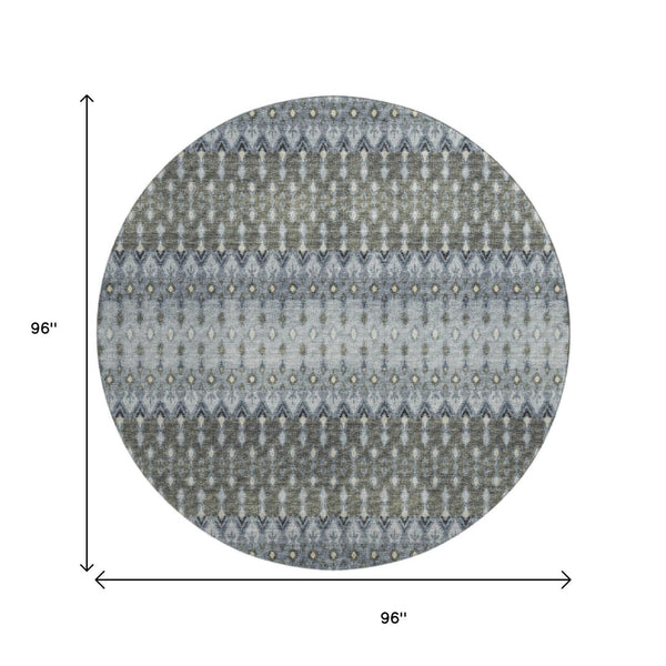 HomeRoots 8' Midnight and Gray Tribal Round Rug - Durable, Washable, UV-Protected for Modern Living Spaces 643794