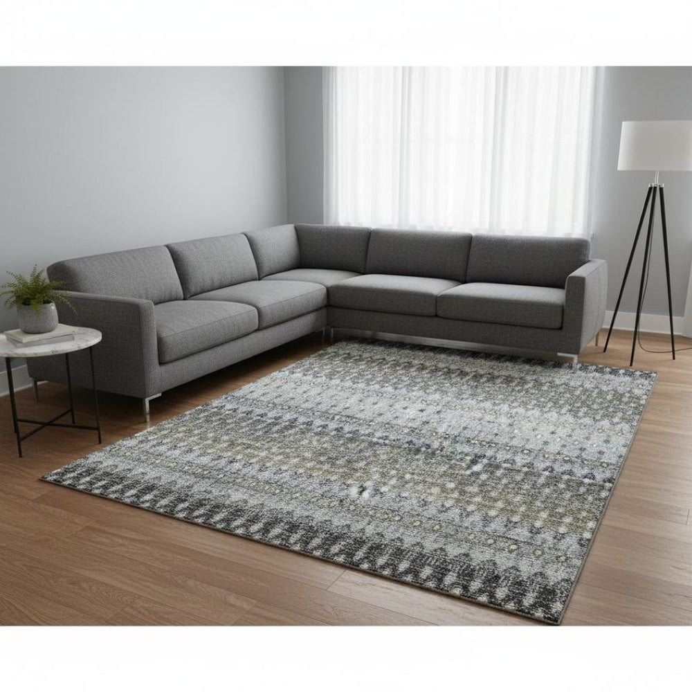 HomeRoots 8' X 10' Stylish Midnight & Gray Tribal Washable Area Rug with UV Protection for Busy Homes 643795