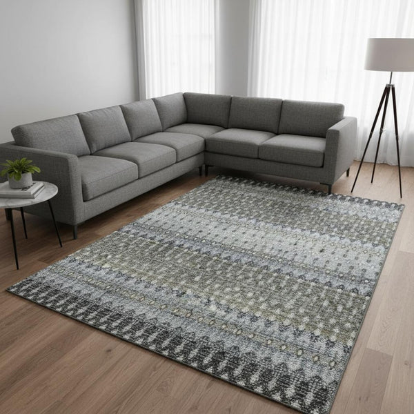 HomeRoots 9' X 12' Tribal Area Rug in Midnight & Gray – Washable, UV-Protected, Durable & Stylish for Homes 643796