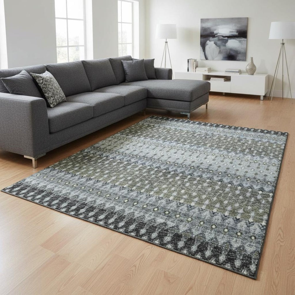 HomeRoots 10' X 14' Midnight & Gray Tribal Area Rug – Durable, Washable, UV-Protected for Stylish Living Spaces 643797