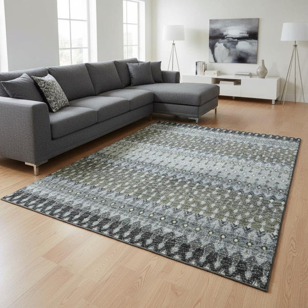 HomeRoots 10' X 14' Midnight & Gray Tribal Area Rug – Durable, Washable, UV-Protected for Stylish Living Spaces 643797