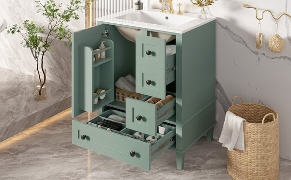 English Elm 24-inch Matte Bathroom Vanity Rubberwood Cabinet with Ceramic Sink and Soft-close Drawers Light Green N729P377516F