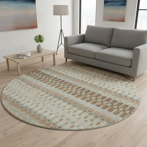 HomeRoots 8' Burnt Sienna, Ivory & Blue Tribal Round Rug – Washable, UV Protected & Stain Resistant Beauty! 643800